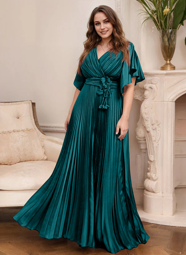V Neck A Line Short Sleeve Mother of the Bride Dress with Belt