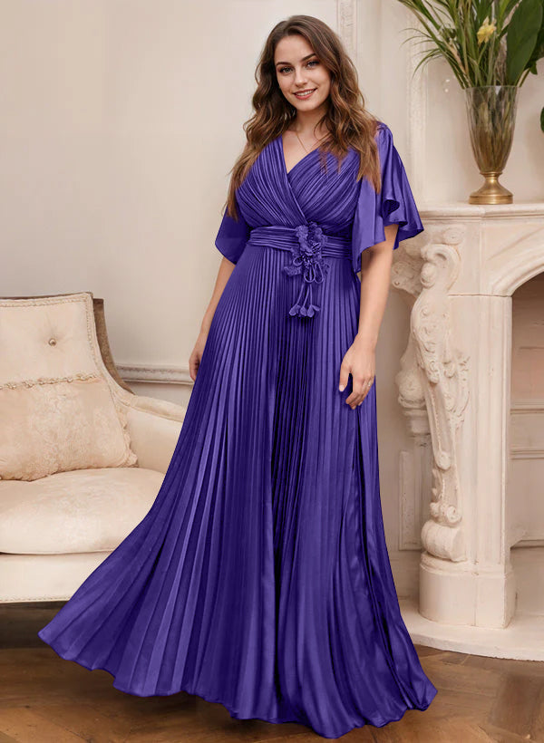 V Neck A Line Short Sleeve Mother of the Bride Dress with Belt