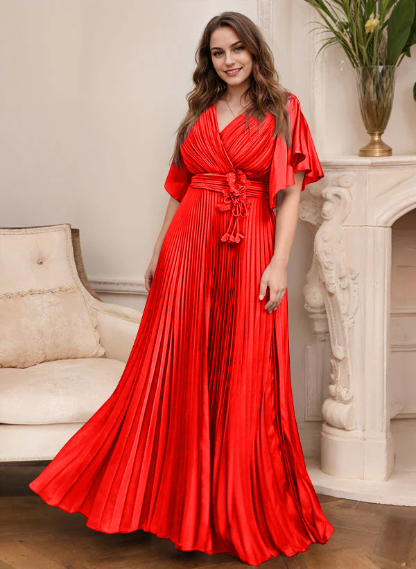 V Neck A Line Short Sleeve Mother of the Bride Dress with Belt