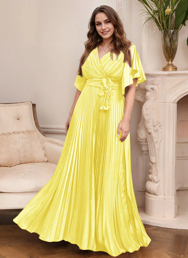 V Neck A Line Short Sleeve Mother of the Bride Dress with Belt