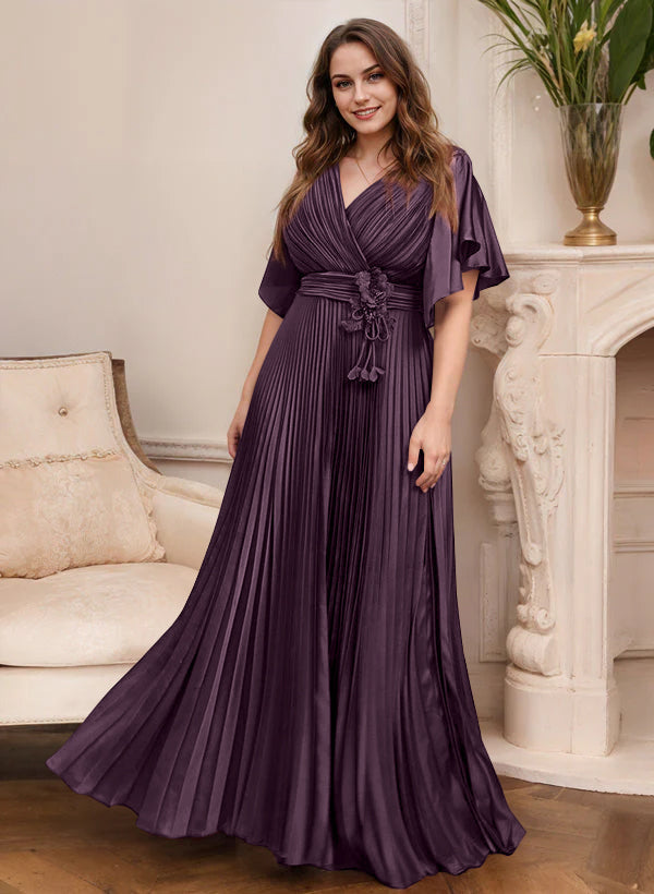 V Neck A Line Short Sleeve Mother of the Bride Dress with Belt