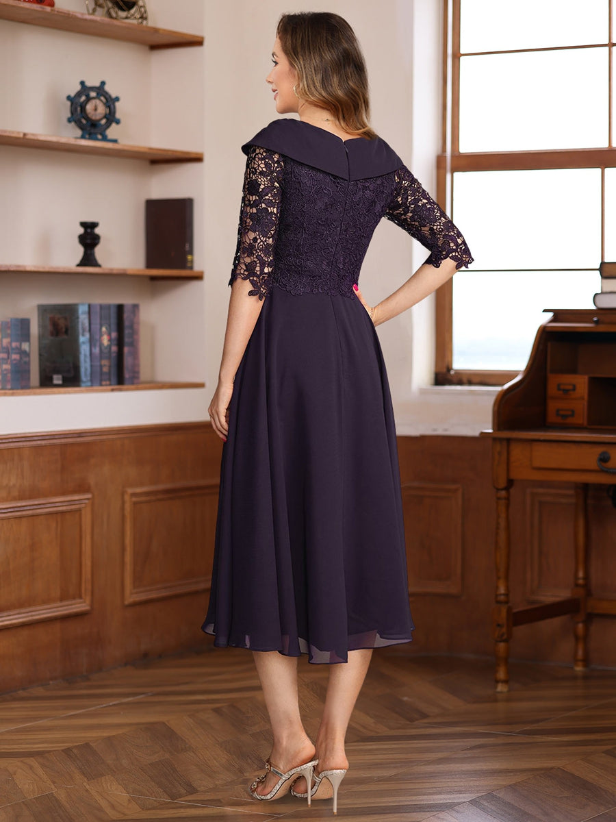V Neck A Line Tea Length Dress with Half Sleeves and Lace Appliques for Mothers