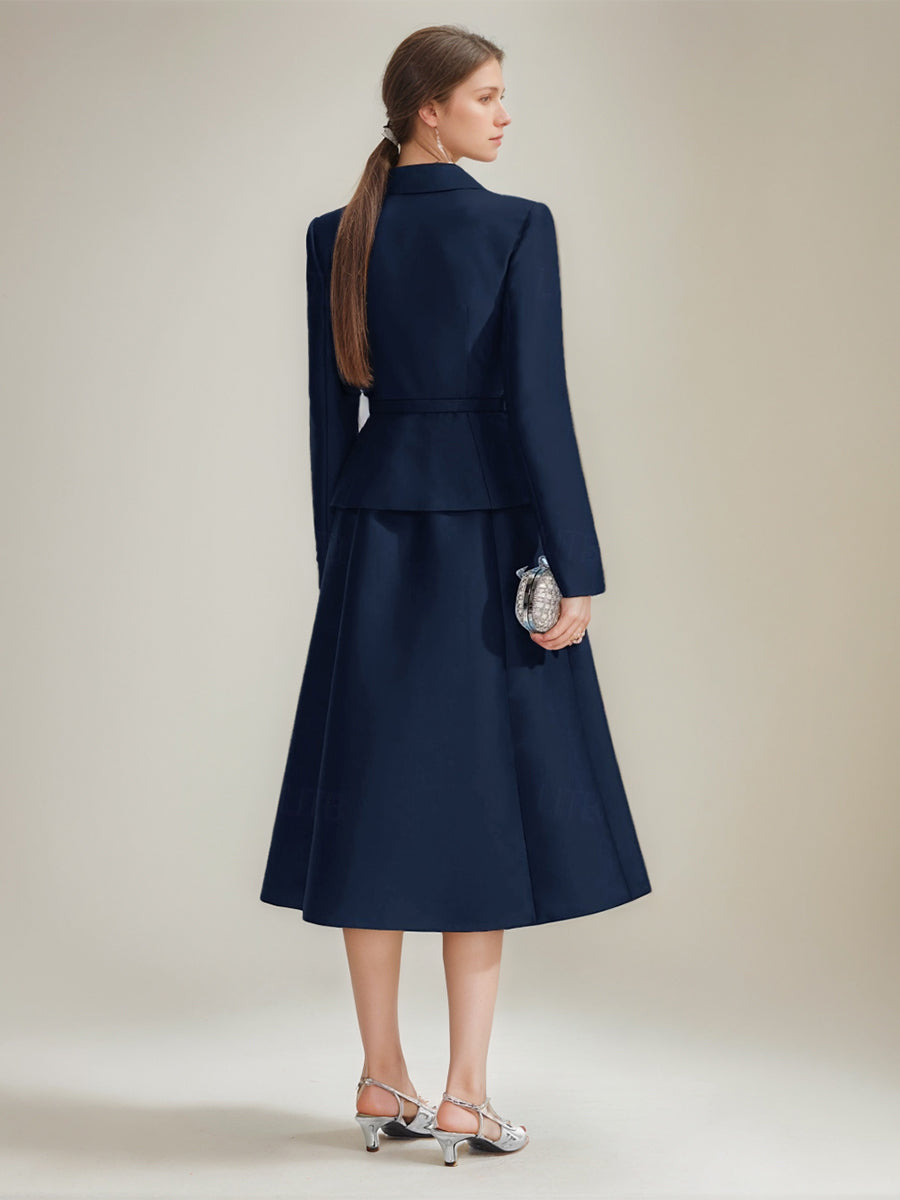 V Neck A Line Tea Length Dress with Long Sleeves and Belt for Mothers of the Bride & Groom