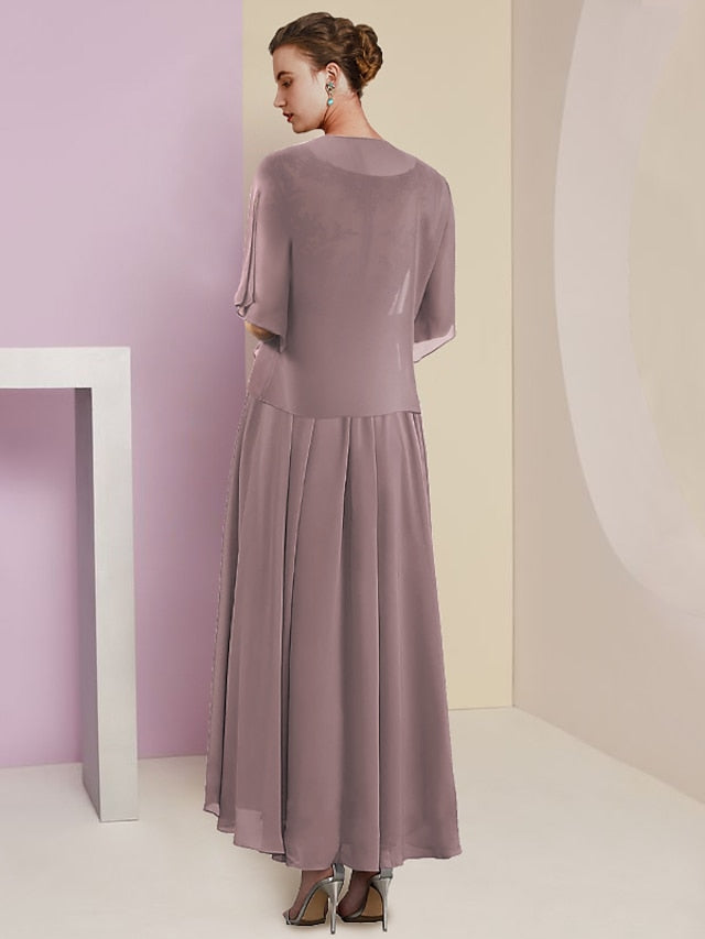 V Neck A Line Tea Length Dress for the Mother of the Bride