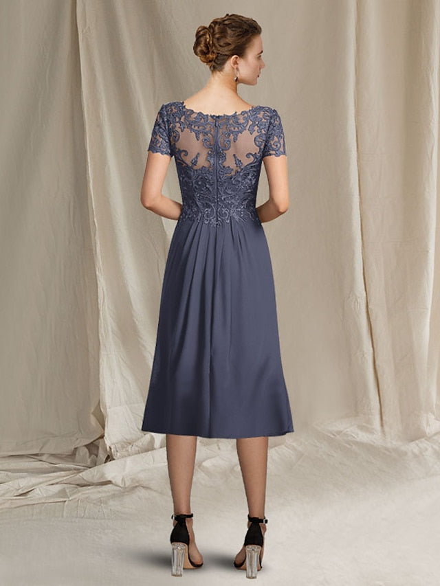V Neck A Line Tea Length Dress for the Mother of the Bride