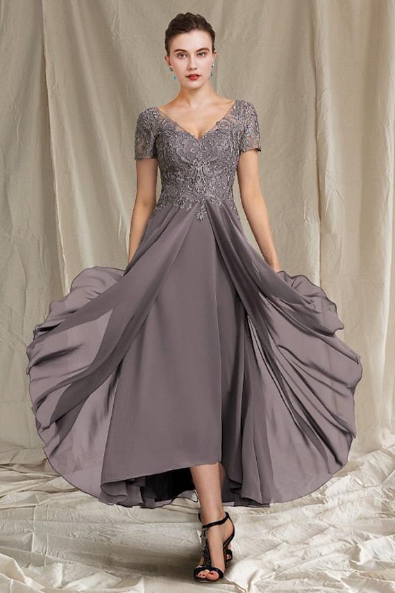 V Neck A Line Tea Length Dress for the Mother of the Bride