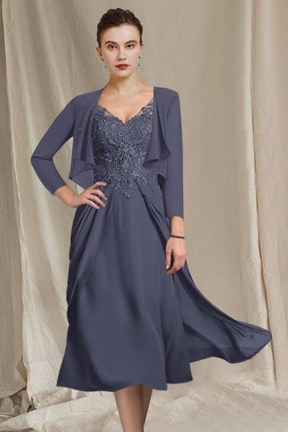 V Neck A Line Tea Length Dress for the Mother of the Bride