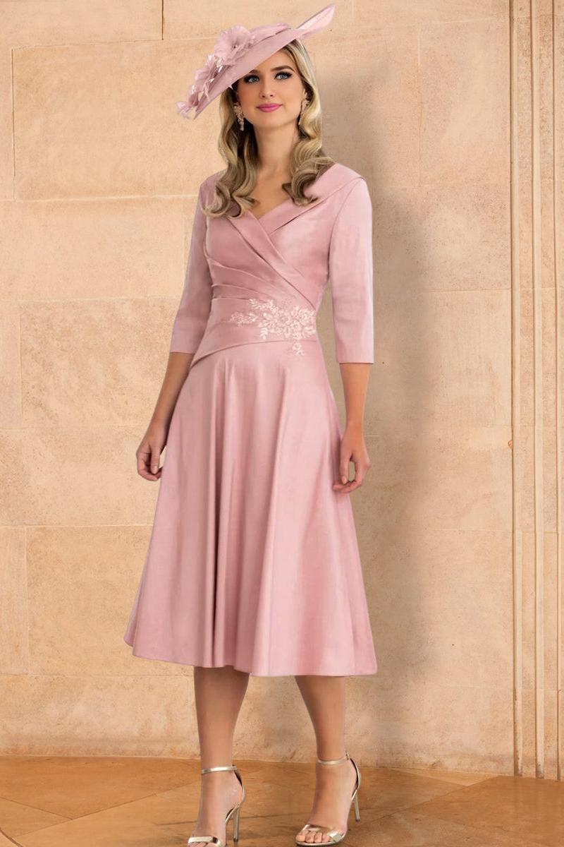 V Neck A Line Tea Length Mother of the Bride Dress Featuring Applique