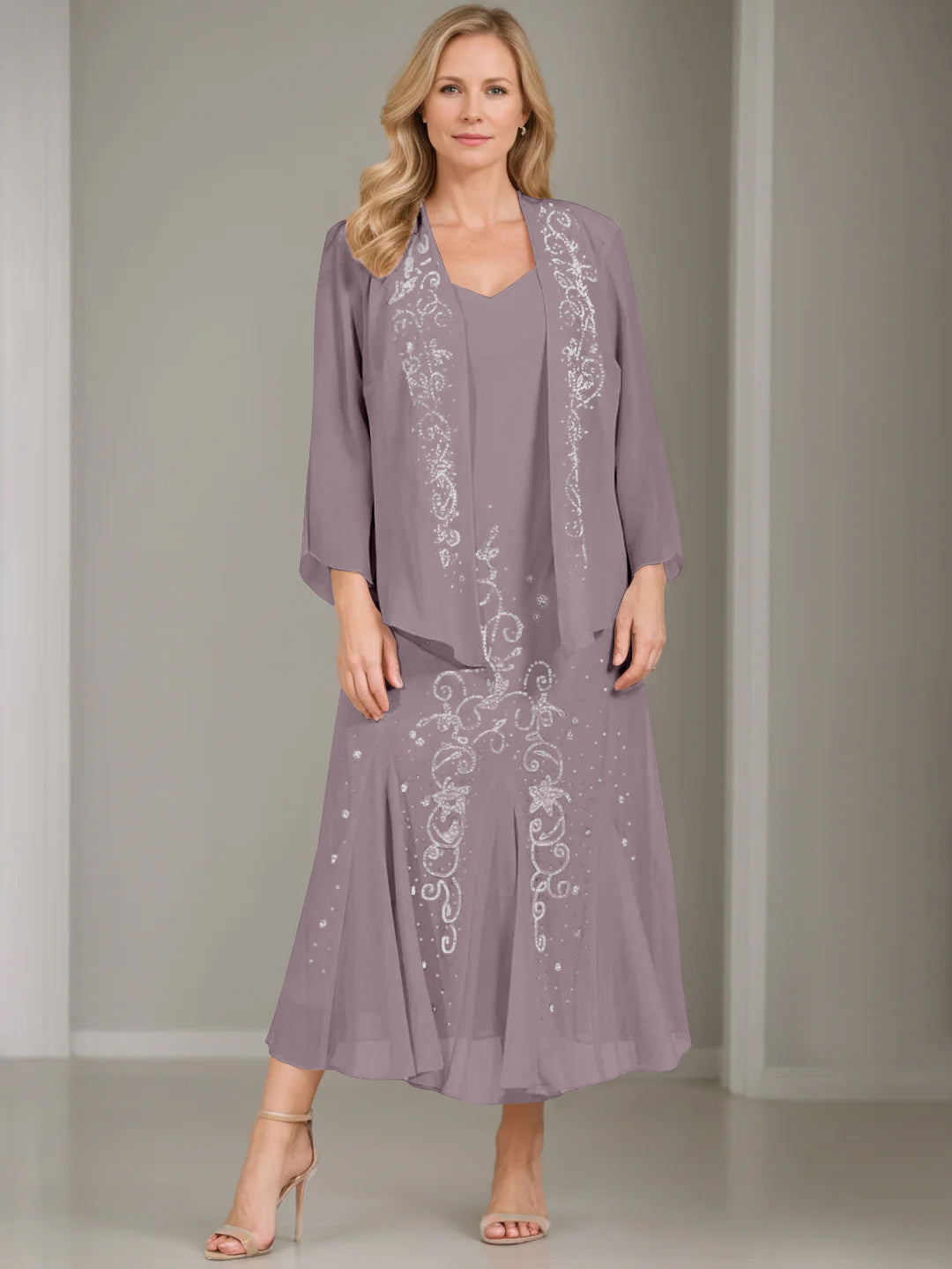 V Neck A Line Two Piece Plus Size Mother of the Bride Dress with Jacket and Sequins in Tea Length
