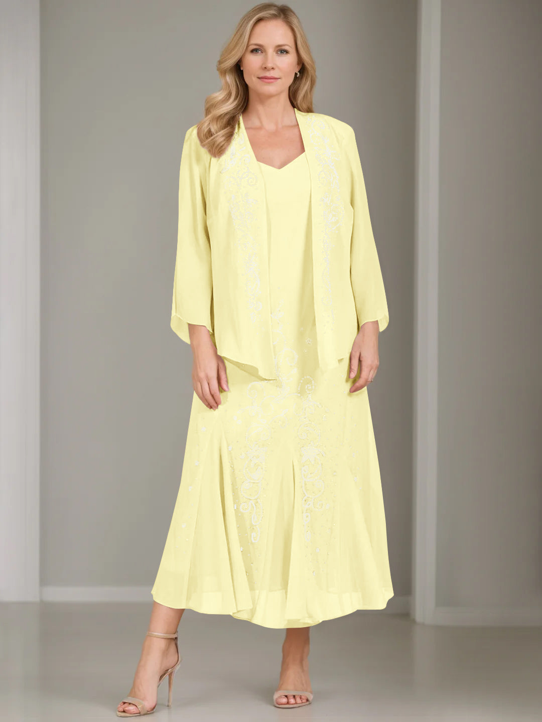 V Neck A Line Two Piece Plus Size Mother of the Bride Dress with Jacket and Sequins in Tea Length