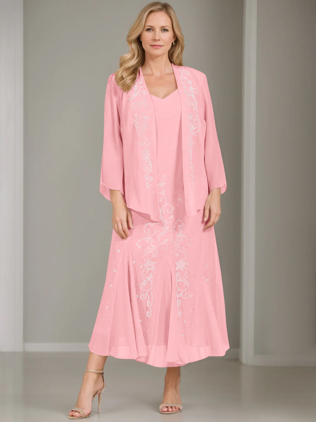 V Neck A Line Two Piece Plus Size Mother of the Bride Dress with Jacket and Sequins in Tea Length