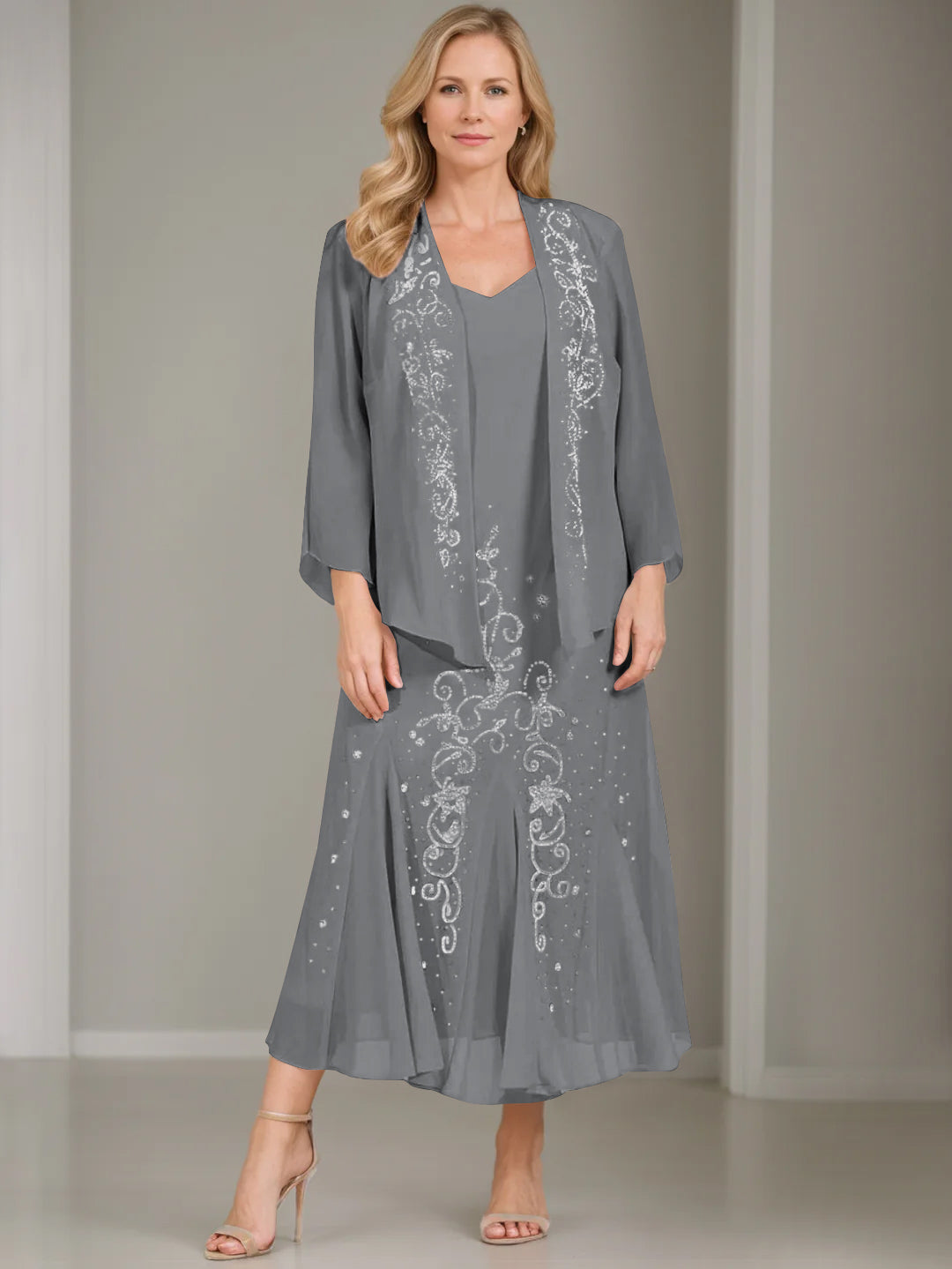 V Neck A Line Two Piece Plus Size Mother of the Bride Dress with Jacket and Sequins in Tea Length