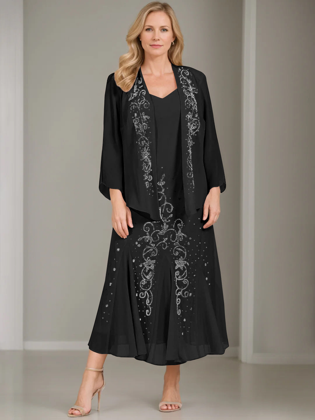 V Neck A Line Two Piece Plus Size Mother of the Bride Dress with Jacket and Sequins in Tea Length