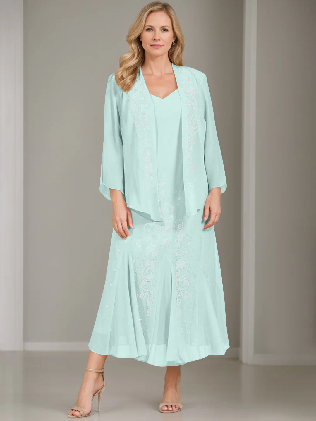 V Neck A Line Two Piece Plus Size Mother of the Bride Dress with Jacket and Sequins in Tea Length