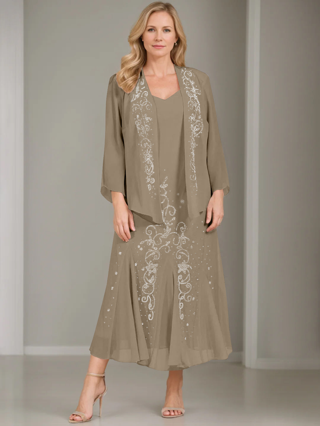 V Neck A Line Two Piece Plus Size Mother of the Bride Dress with Jacket and Sequins in Tea Length