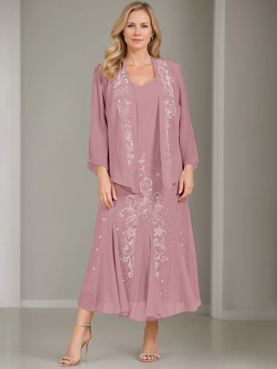V Neck A Line Two Piece Plus Size Mother of the Bride Dress with Jacket and Sequins in Tea Length