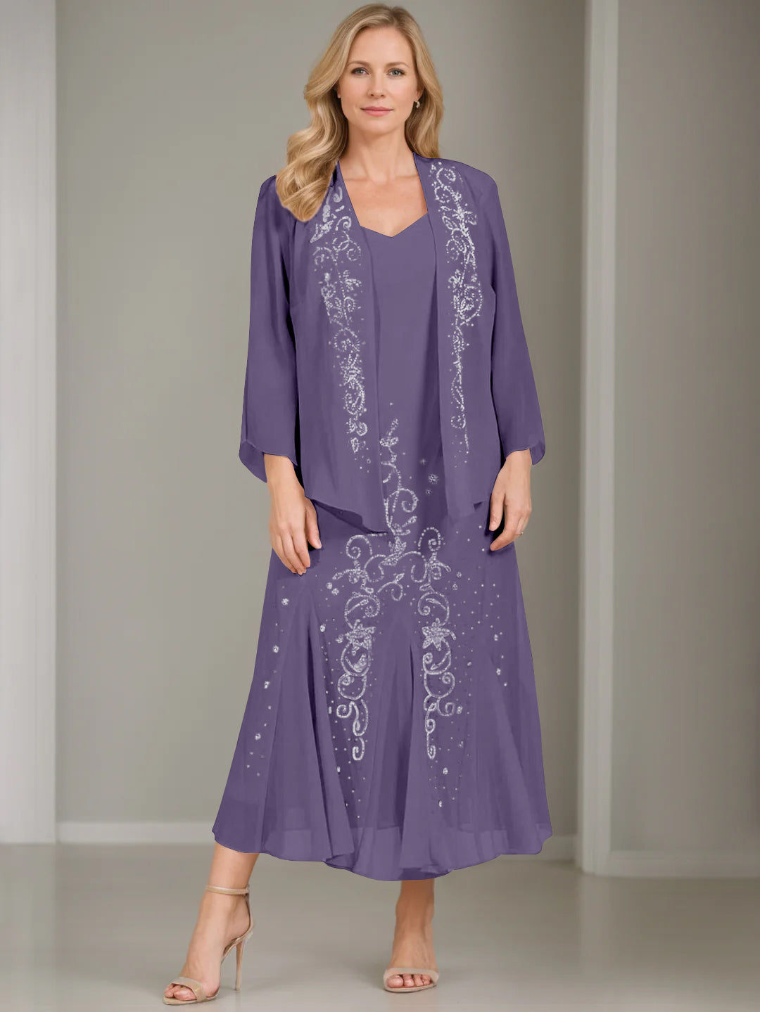 V Neck A Line Two Piece Plus Size Mother of the Bride Dress with Jacket and Sequins in Tea Length
