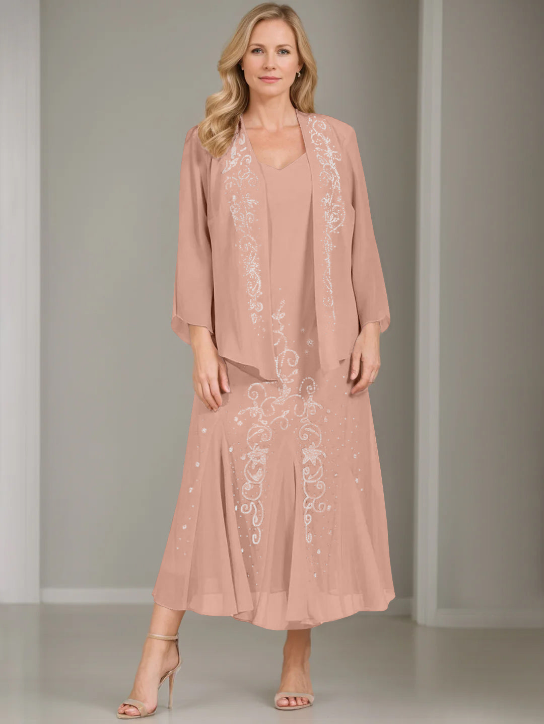 V Neck A Line Two Piece Plus Size Mother of the Bride Dress with Jacket and Sequins in Tea Length