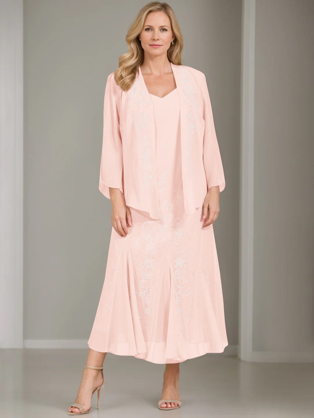 V Neck A Line Two Piece Plus Size Mother of the Bride Dress with Jacket and Sequins in Tea Length