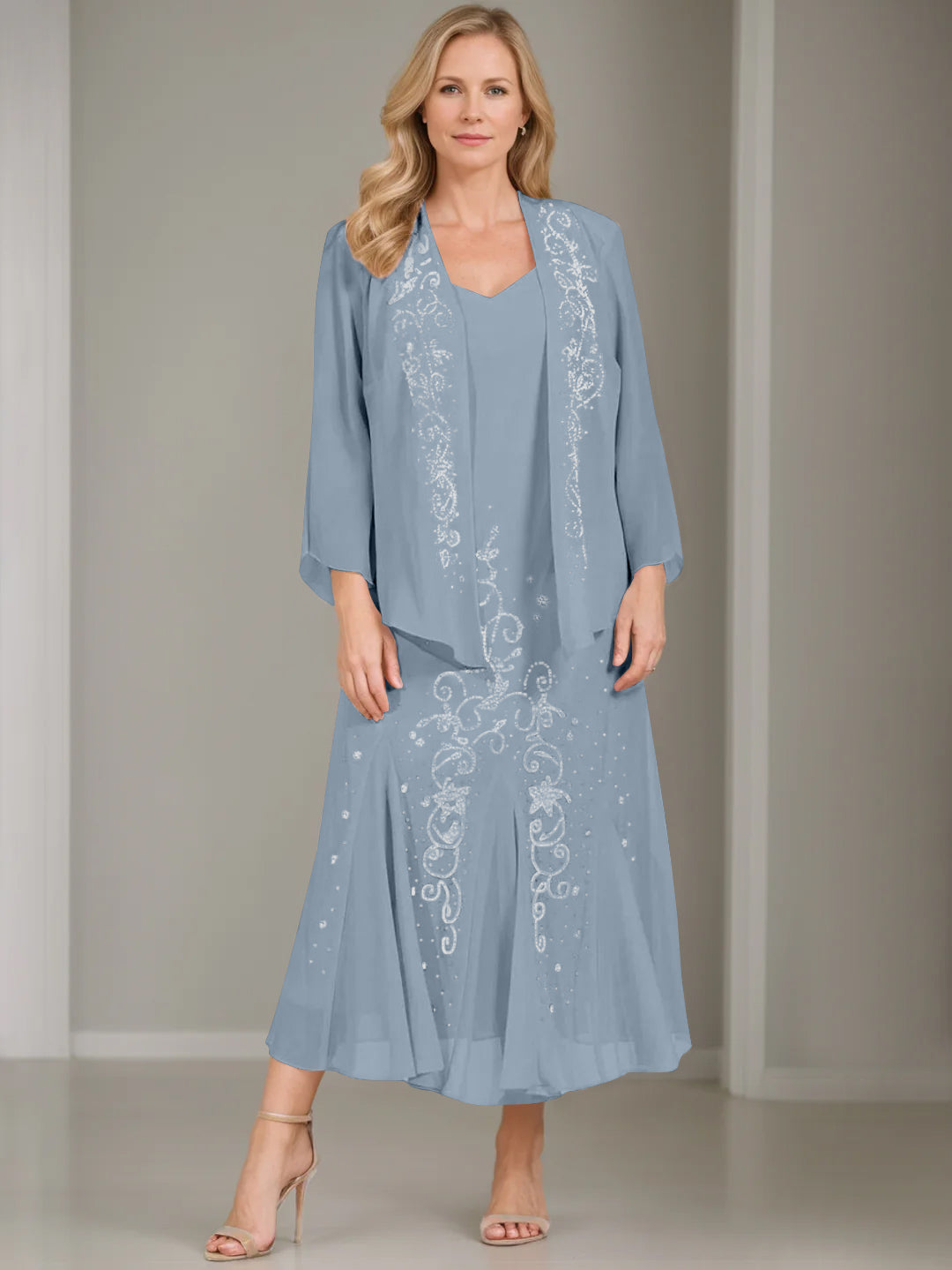 V Neck A Line Two Piece Plus Size Mother of the Bride Dress with Jacket and Sequins in Tea Length
