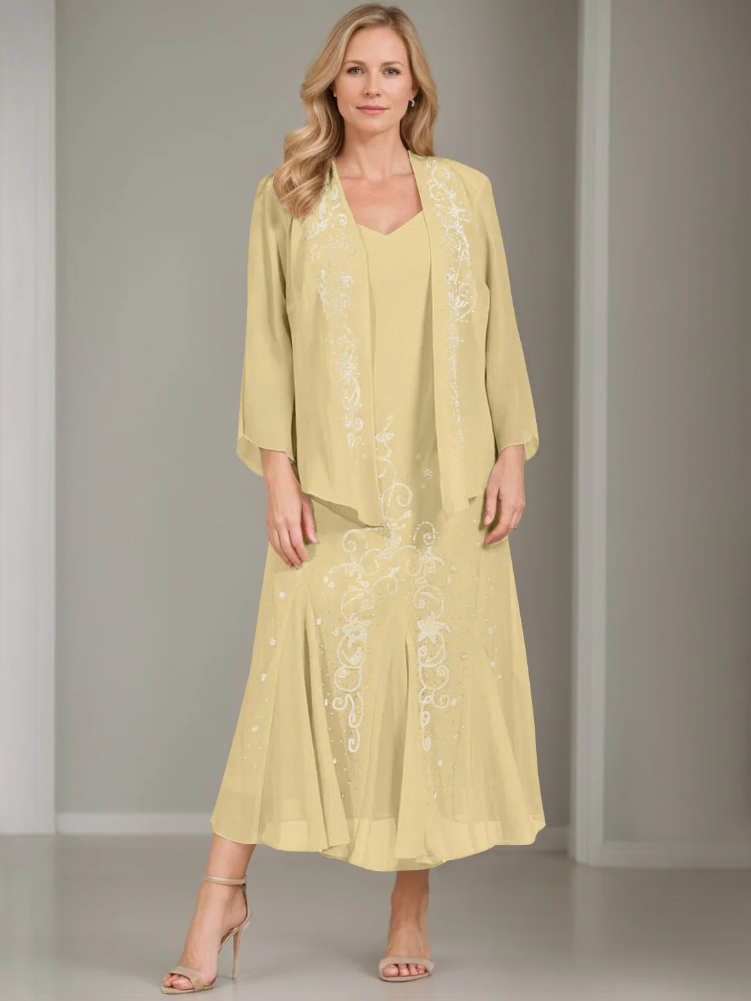 V Neck A Line Two Piece Plus Size Mother of the Bride Dress with Jacket and Sequins in Tea Length