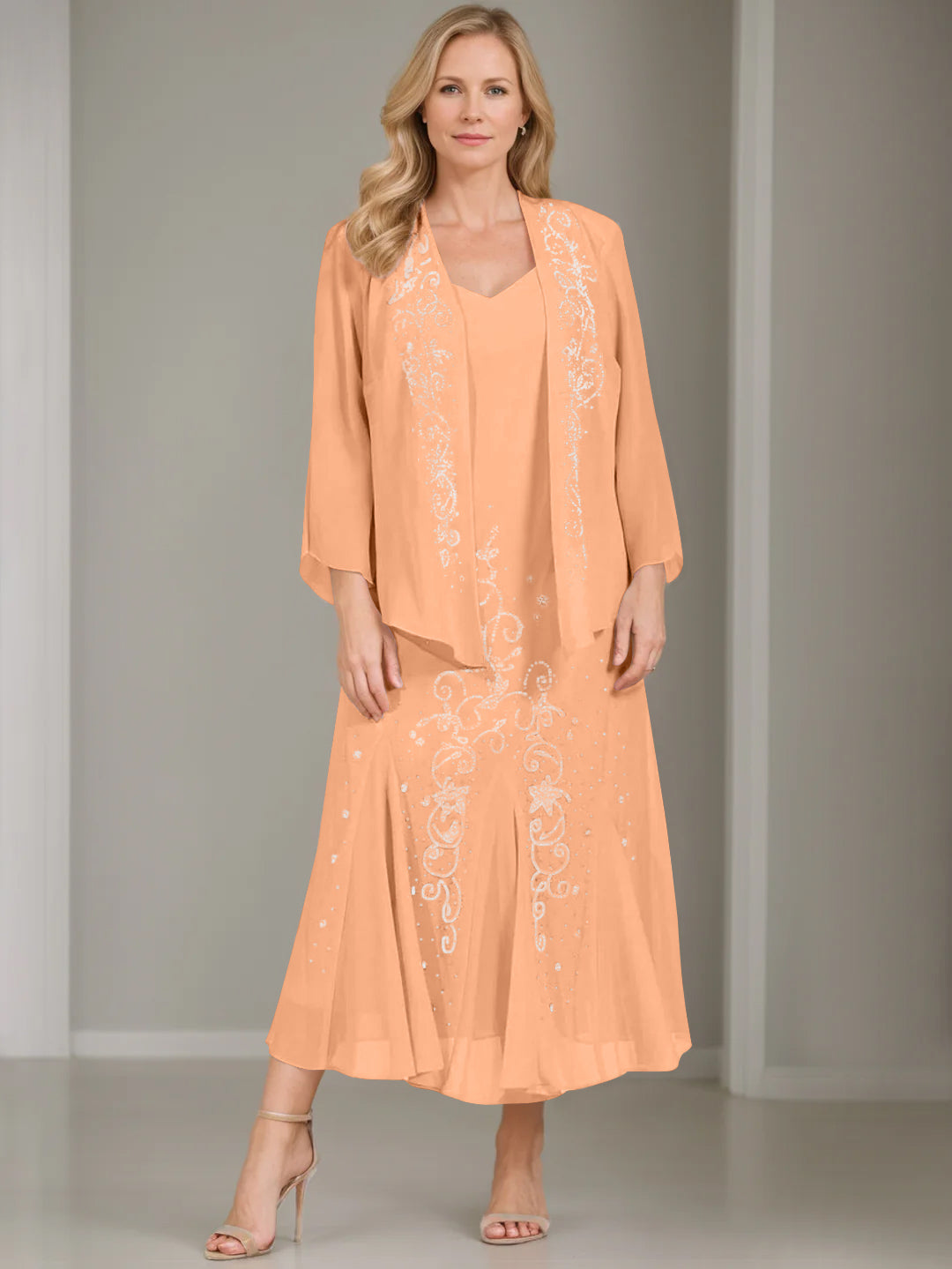 V Neck A Line Two Piece Plus Size Mother of the Bride Dress with Jacket and Sequins in Tea Length