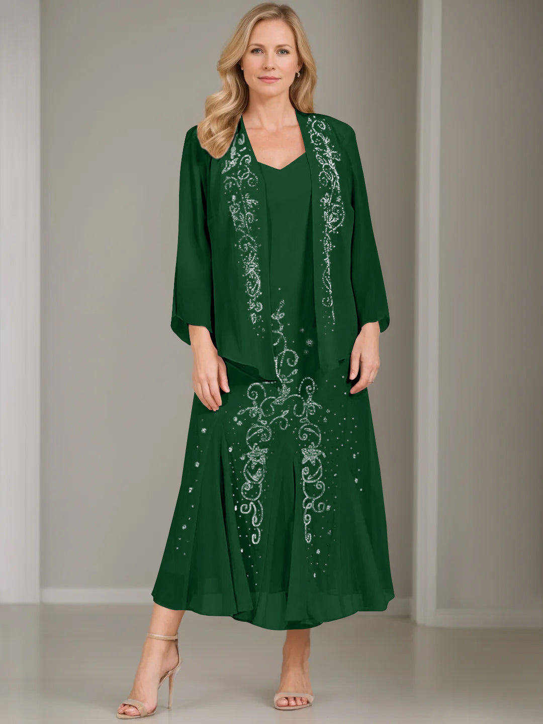 V Neck A Line Two Piece Plus Size Mother of the Bride Dress with Jacket and Sequins in Tea Length