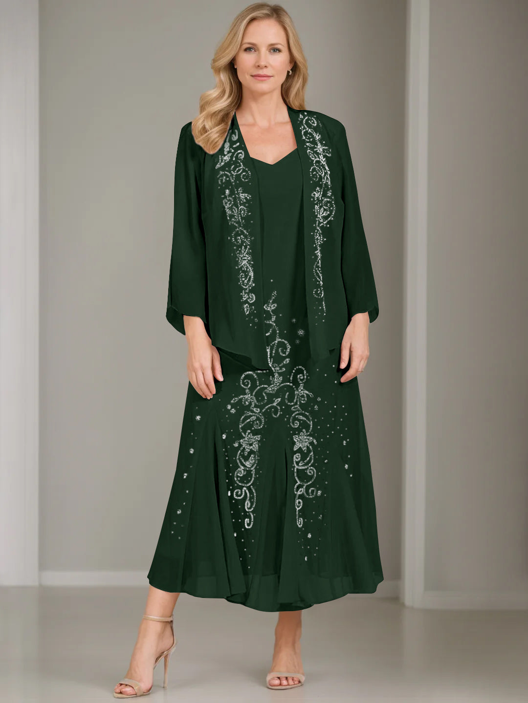 V Neck A Line Two Piece Plus Size Mother of the Bride Dress with Jacket and Sequins in Tea Length