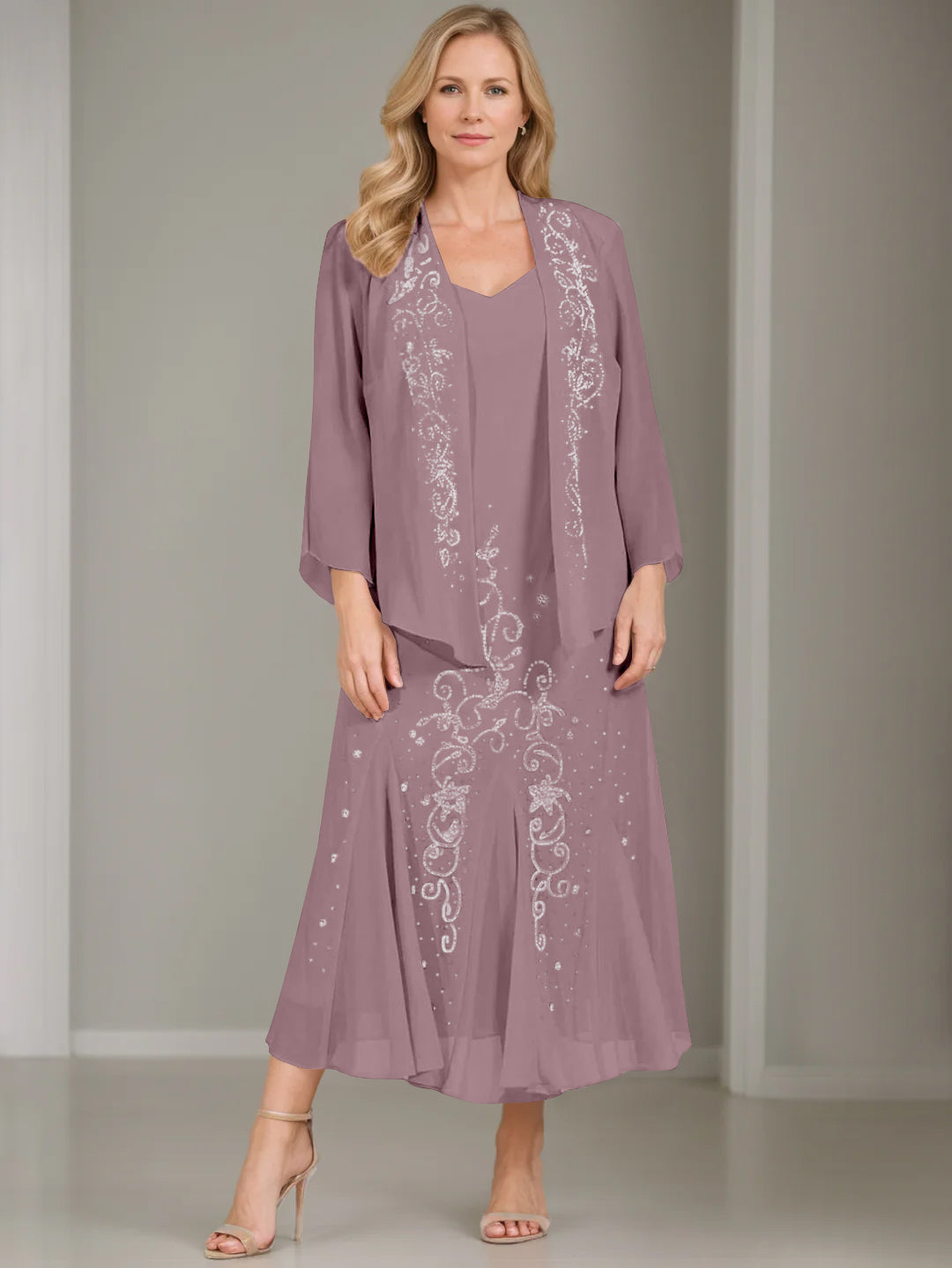 V Neck A Line Two Piece Plus Size Mother of the Bride Dress with Jacket and Sequins in Tea Length