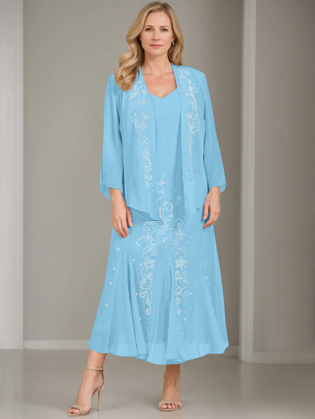 V Neck A Line Two Piece Plus Size Mother of the Bride Dress with Jacket and Sequins in Tea Length