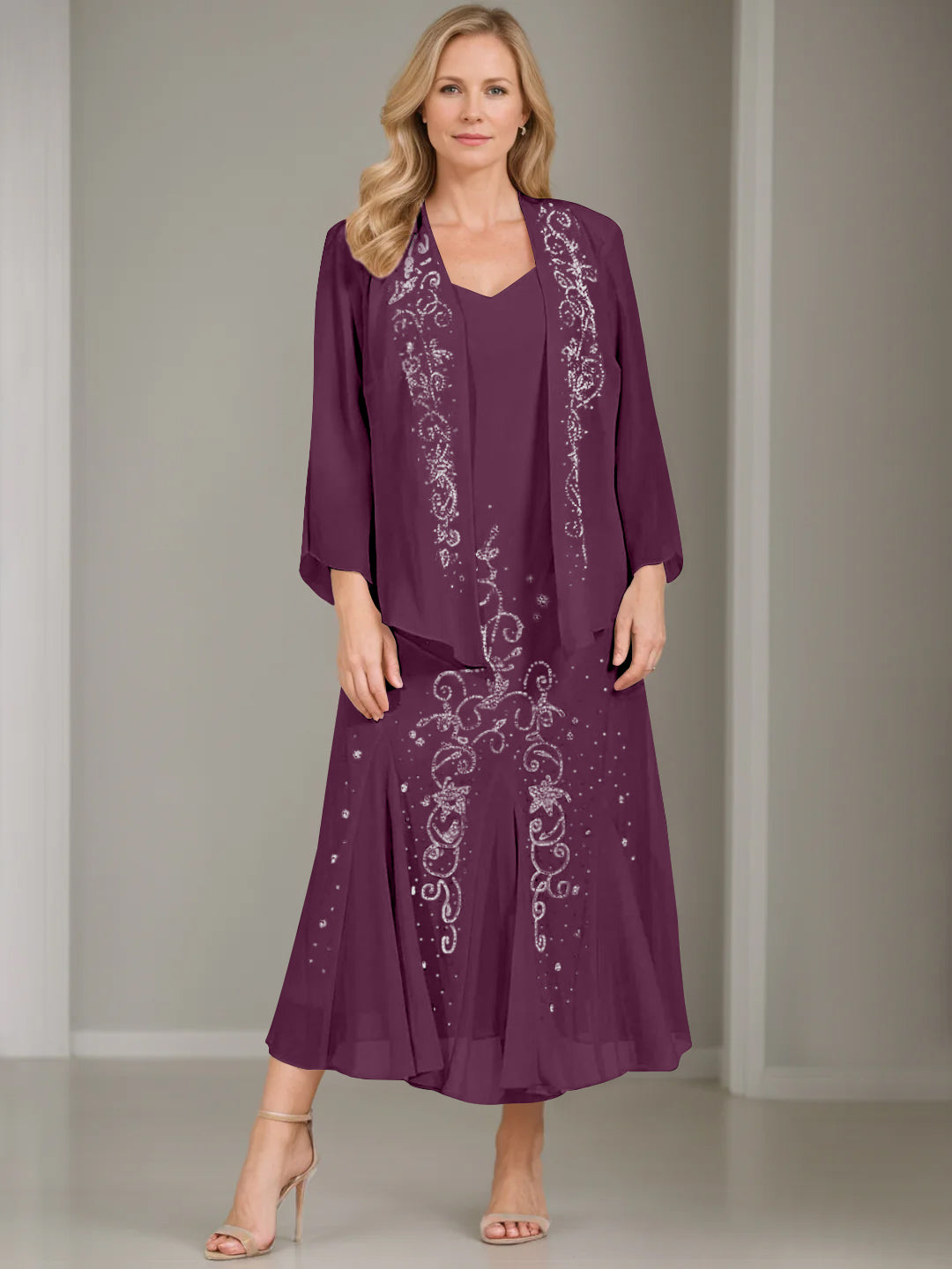 V Neck A Line Two Piece Plus Size Mother of the Bride Dress with Jacket and Sequins in Tea Length
