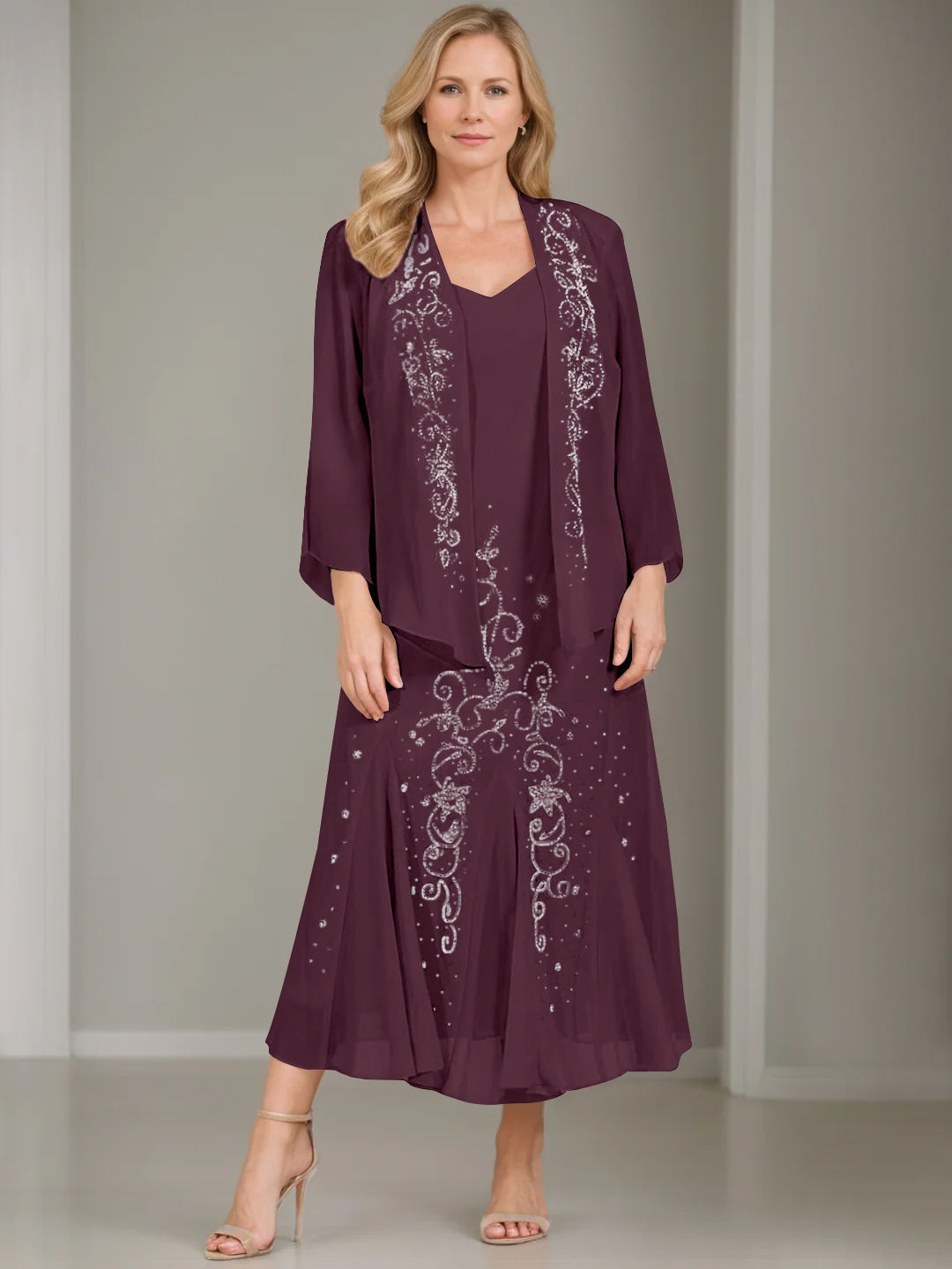 V Neck A Line Two Piece Plus Size Mother of the Bride Dress with Jacket and Sequins in Tea Length