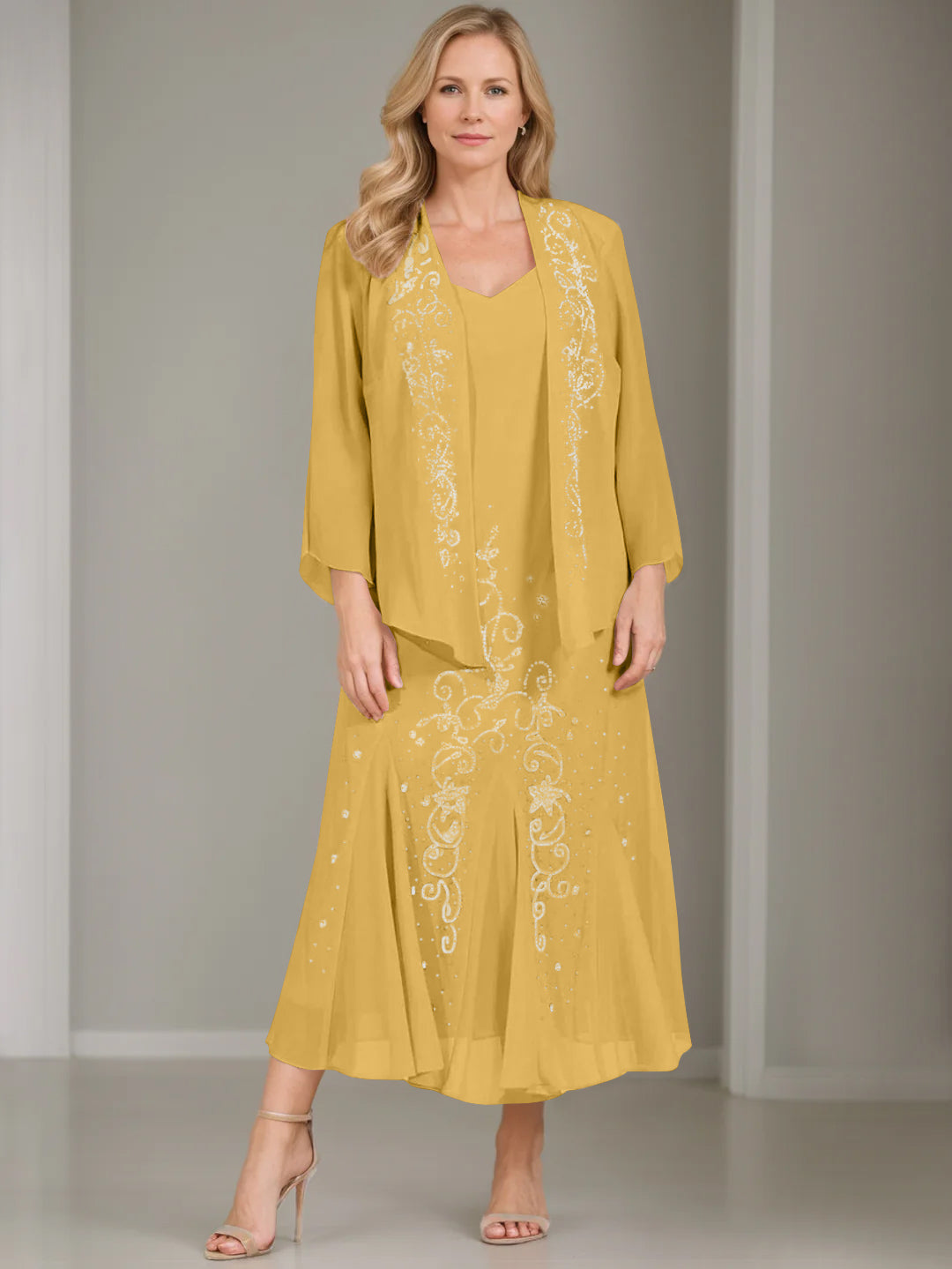 V Neck A Line Two Piece Plus Size Mother of the Bride Dress with Jacket and Sequins in Tea Length
