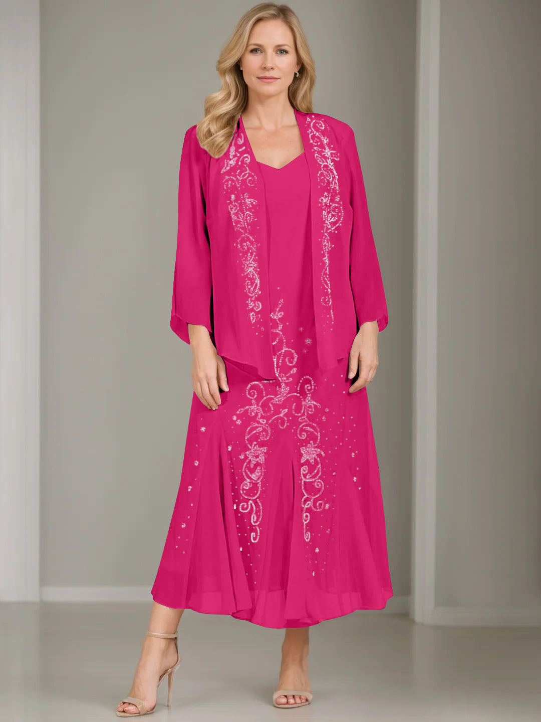 V Neck A Line Two Piece Plus Size Mother of the Bride Dress with Jacket and Sequins in Tea Length