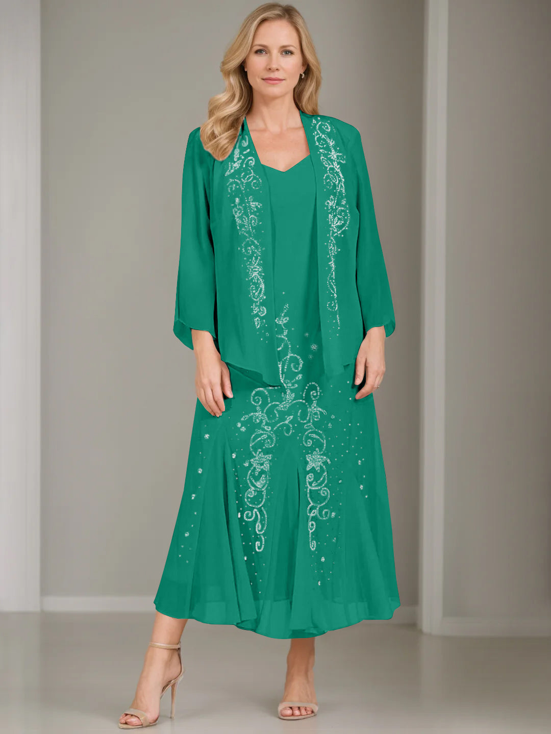 V Neck A Line Two Piece Plus Size Mother of the Bride Dress with Jacket and Sequins in Tea Length