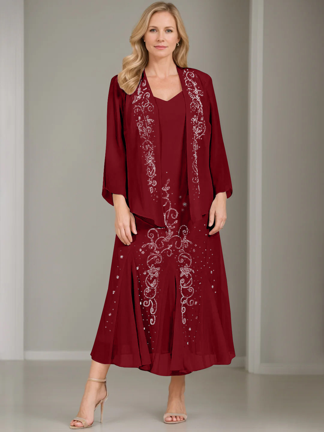 V Neck A Line Two Piece Plus Size Mother of the Bride Dress with Jacket and Sequins in Tea Length