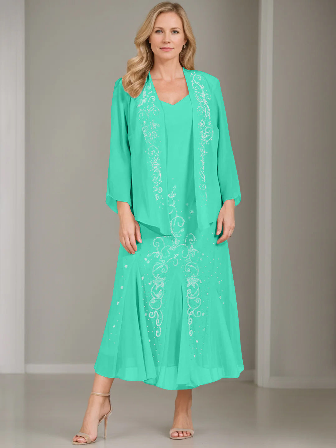V Neck A Line Two Piece Plus Size Mother of the Bride Dress with Jacket and Sequins in Tea Length