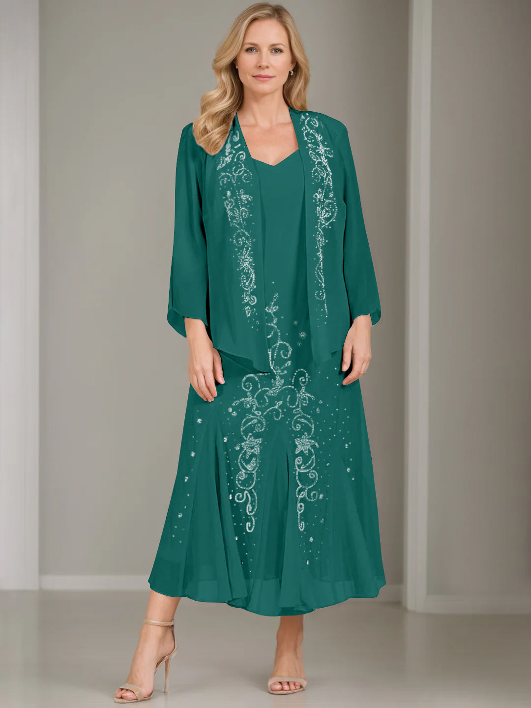V Neck A Line Two Piece Plus Size Mother of the Bride Dress with Jacket and Sequins in Tea Length