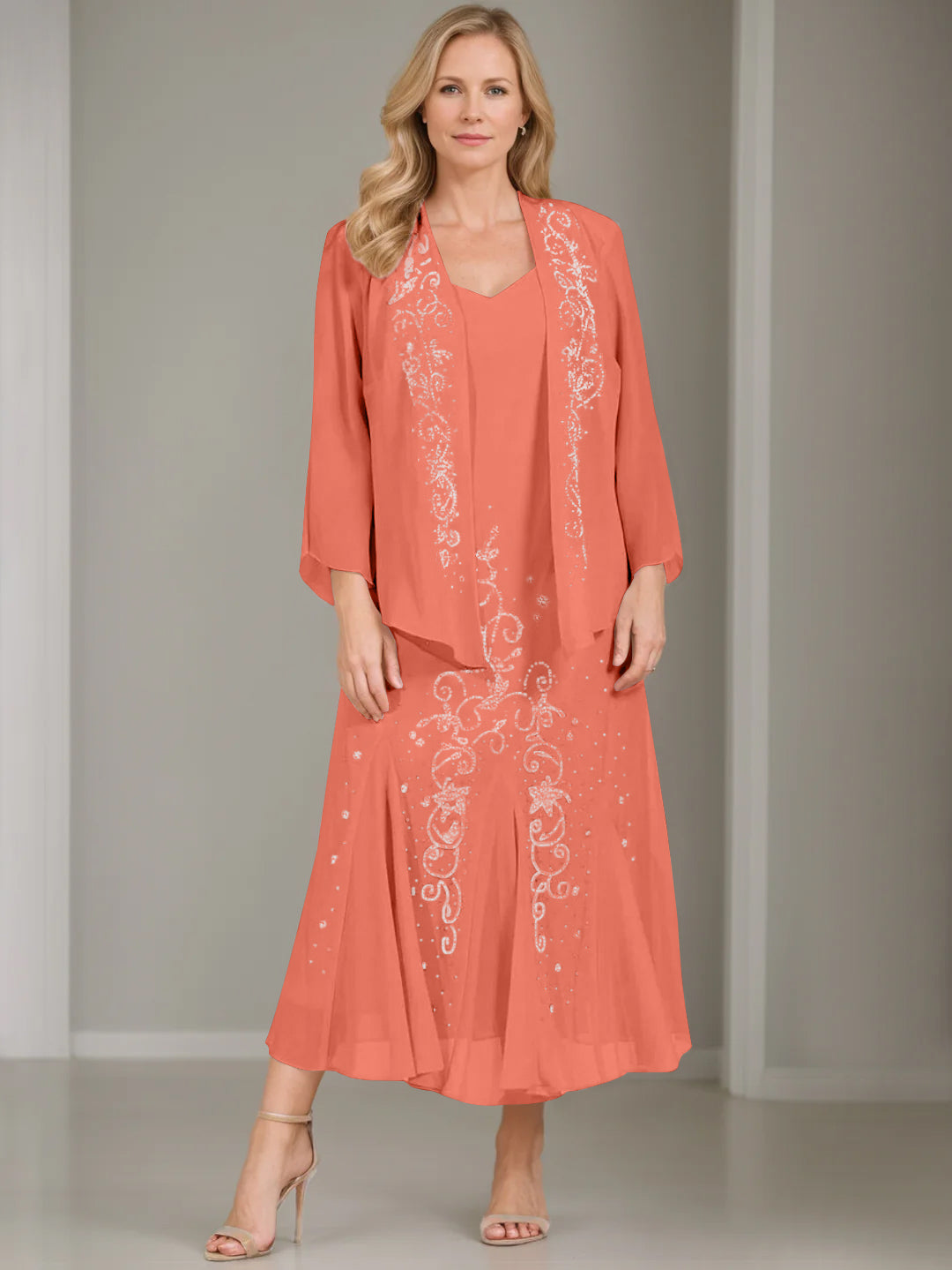V Neck A Line Two Piece Plus Size Mother of the Bride Dress with Jacket and Sequins in Tea Length