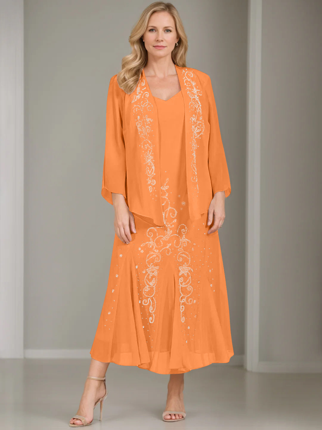 V Neck A Line Two Piece Plus Size Mother of the Bride Dress with Jacket and Sequins in Tea Length