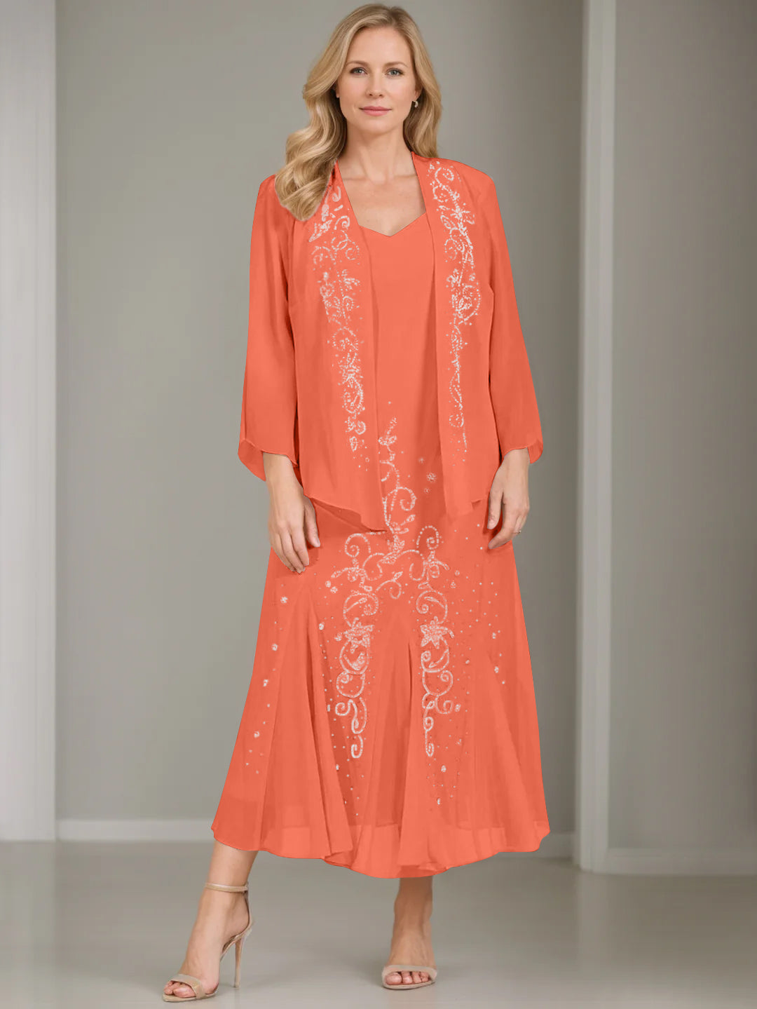 V Neck A Line Two Piece Plus Size Mother of the Bride Dress with Jacket and Sequins in Tea Length