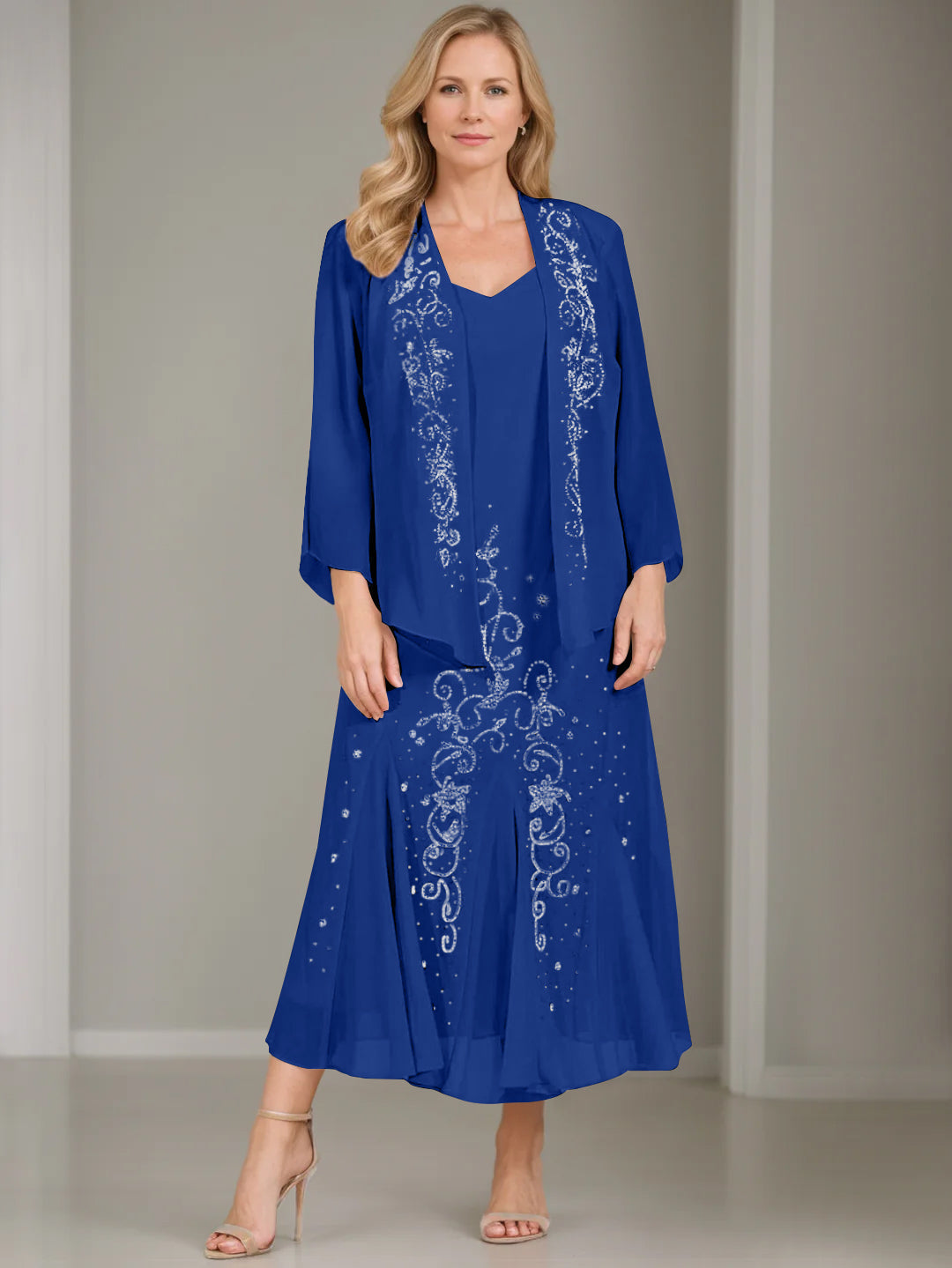 V Neck A Line Two Piece Plus Size Mother of the Bride Dress with Jacket and Sequins in Tea Length