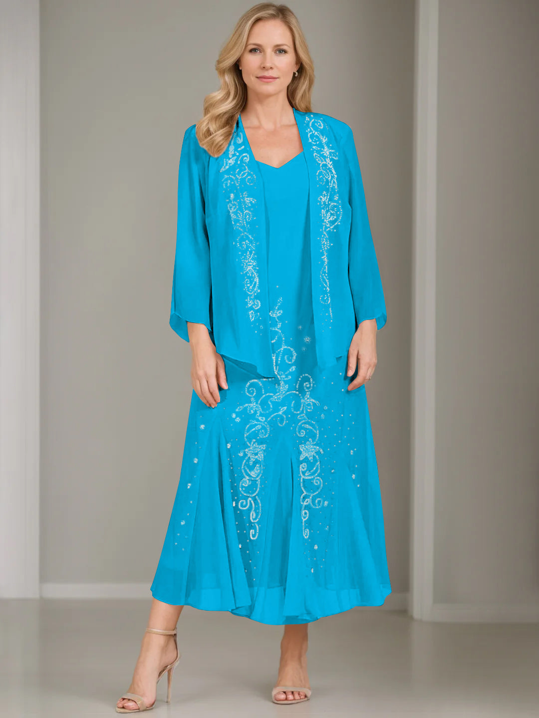 V Neck A Line Two Piece Plus Size Mother of the Bride Dress with Jacket and Sequins in Tea Length