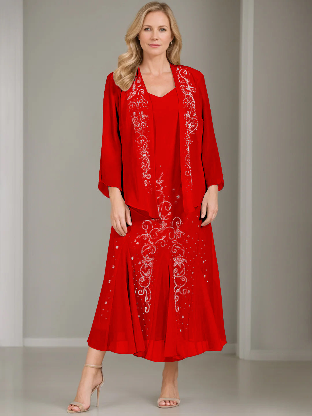 V Neck A Line Two Piece Plus Size Mother of the Bride Dress with Jacket and Sequins in Tea Length