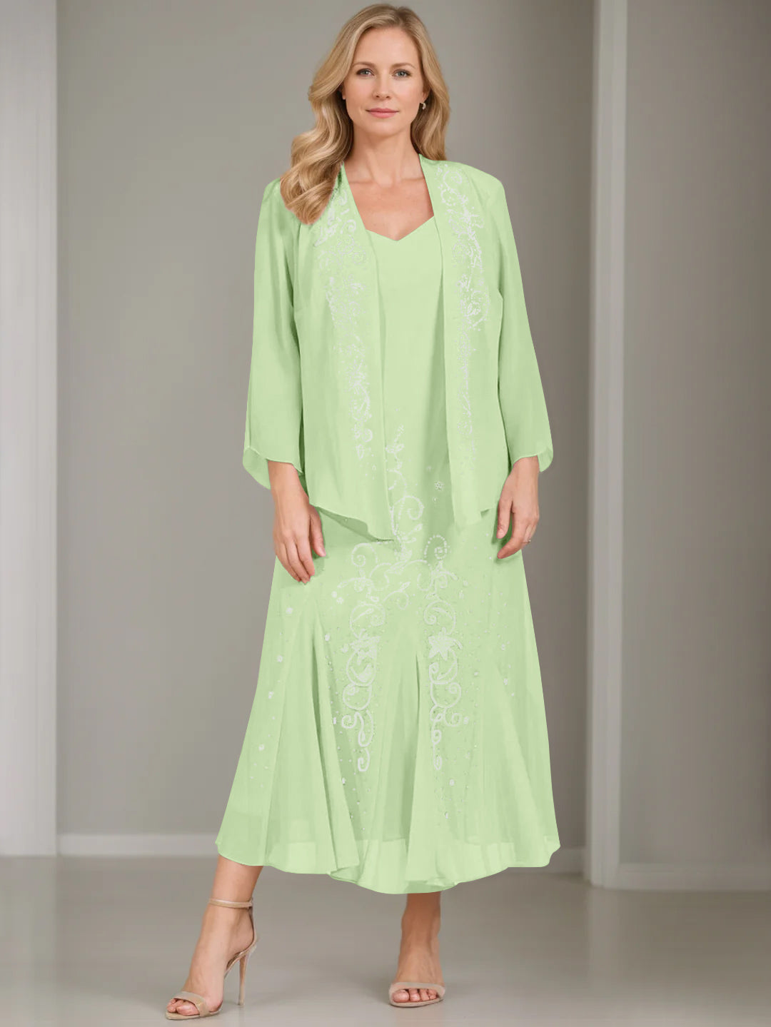 V Neck A Line Two Piece Plus Size Mother of the Bride Dress with Jacket and Sequins in Tea Length