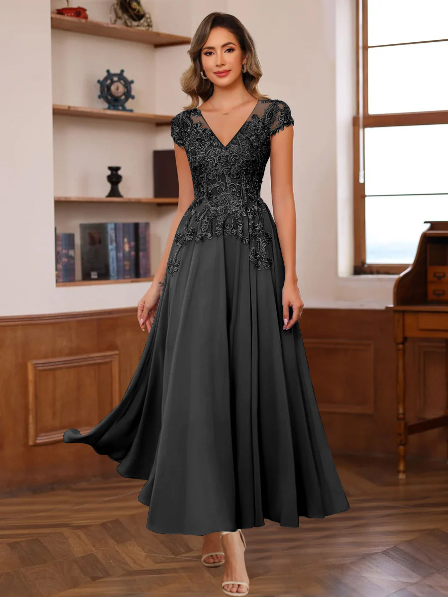 V Neck A Line Short Sleeve Ankle Length Mother of the Bride Dress with Lace Appliques