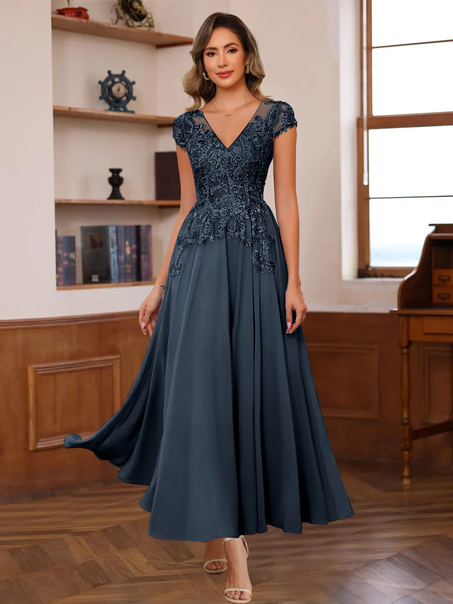 V Neck A Line Short Sleeve Ankle Length Mother of the Bride Dress with Lace Appliques