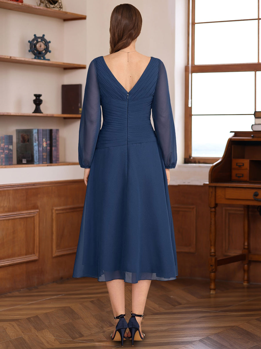 V Neck A Line Tea Length Dress with Long Sleeves Pleats and Appliques for Mothers of the Bride & Groom