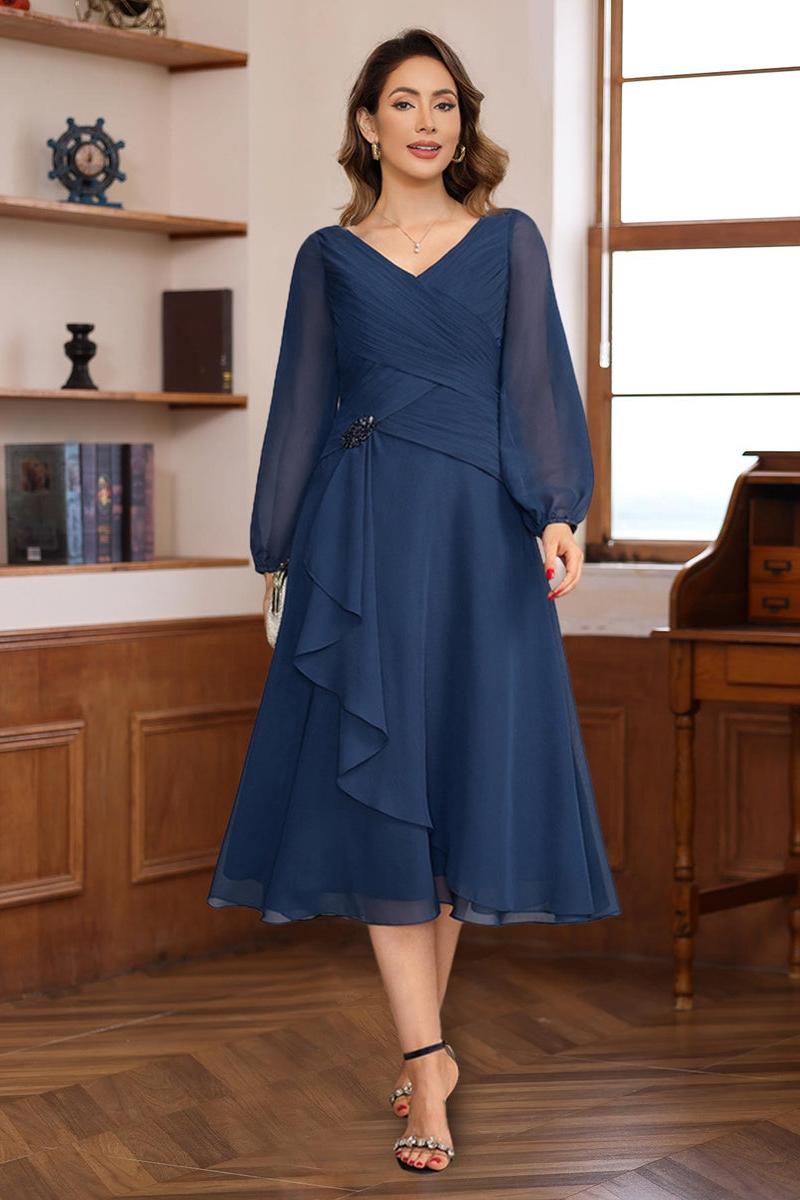 V Neck A Line Tea Length Dress with Long Sleeves Pleats and Appliques for Mothers of the Bride & Groom