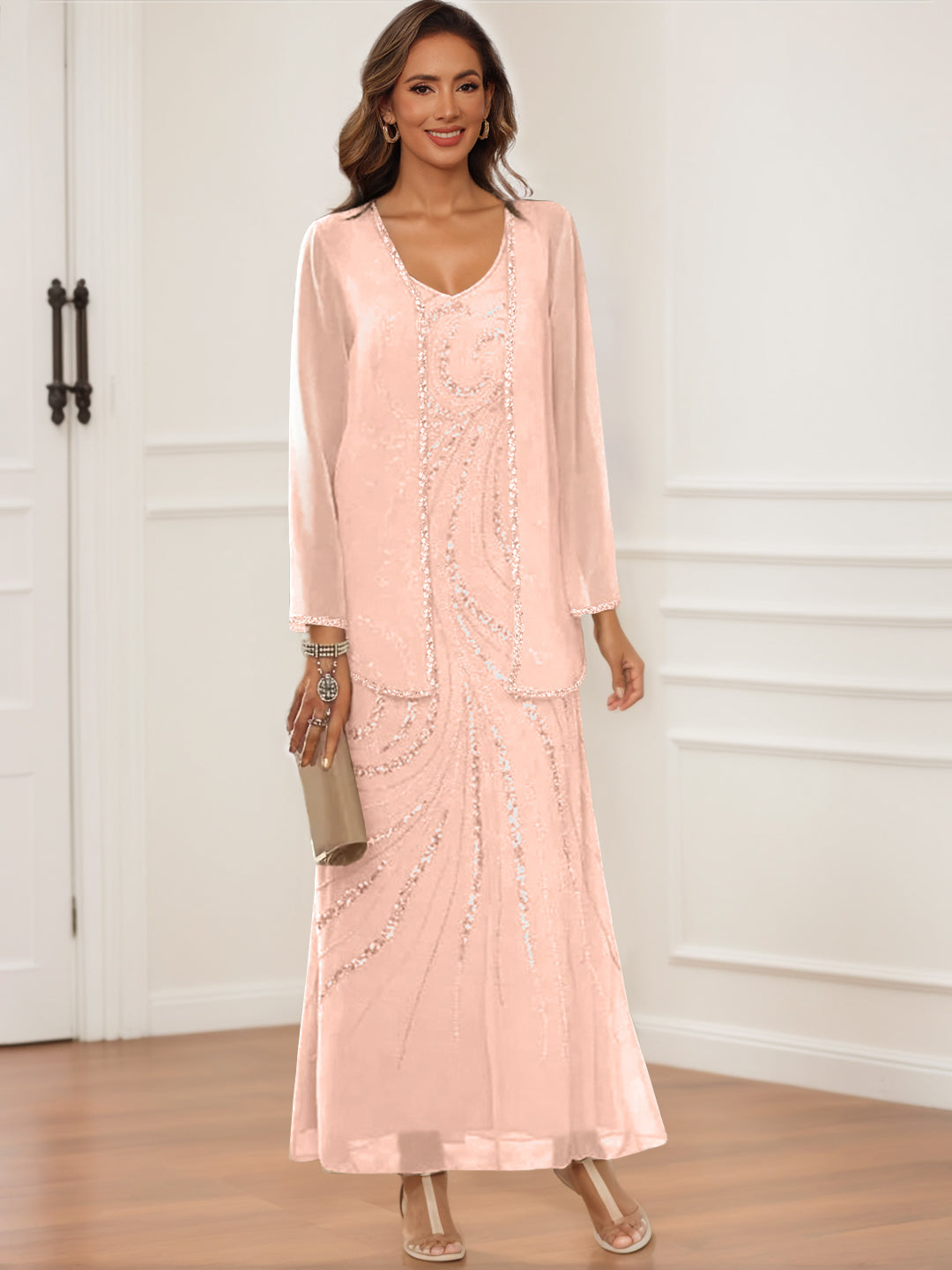 V Neck Ankle Length Sheath Column Dress with Jacket & Sequins for Mothers of the Bride & Groom